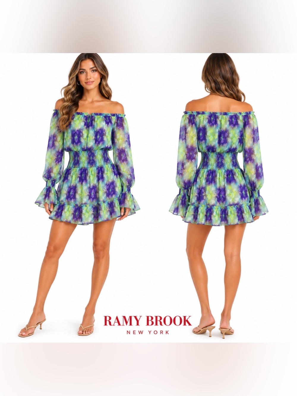 Ramy Brook Hamilton Mini Dress XS Purple Green Floral Lurex Smocked Waist Ruffle